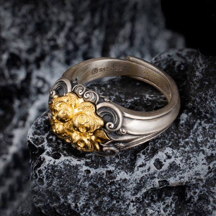 Ring 925 Silber Tibetanischer Schädel Schutz Pixiu Glücksbringer