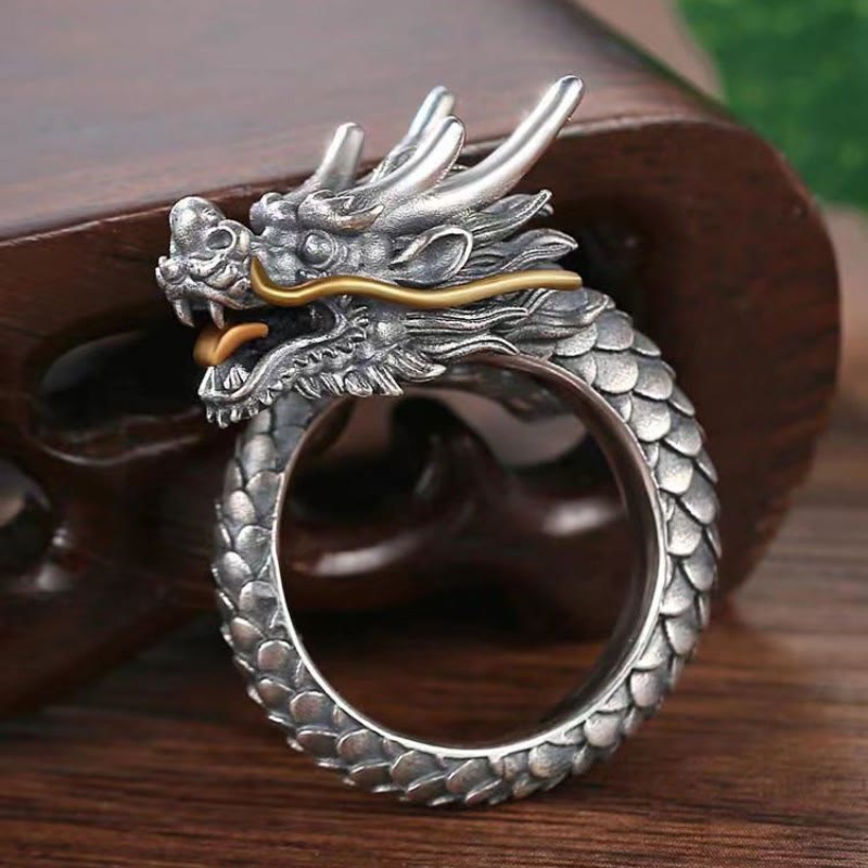 Ring 925 Silber Drachen mit Gold Schutz Stärke