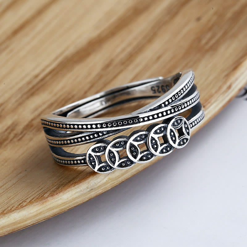Ring 925 Silber mit Kupfermünzen Wohlstand Segen Feng Shui Glück
