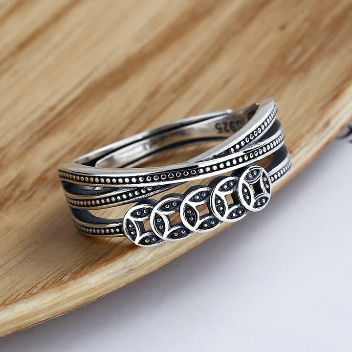 Ring 925 Silber mit Kupfermünzen Wohlstand Segen Feng Shui Glück