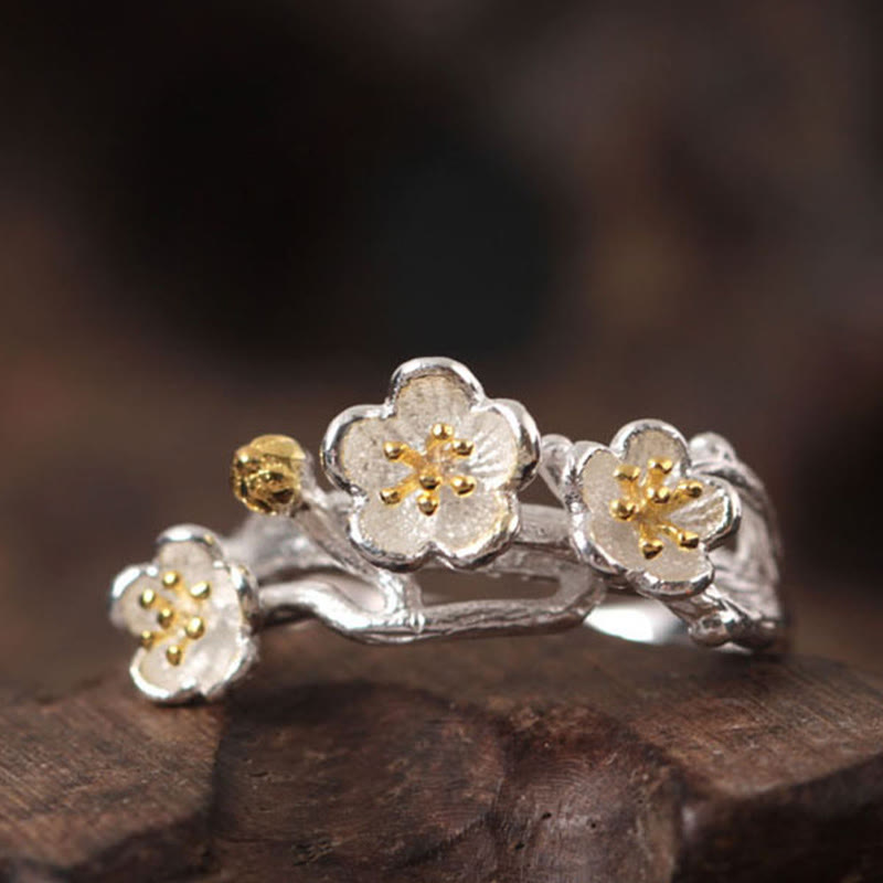 Ring 925 Silber Pflaumenblüte – Ruhe mit goldenen Blüten