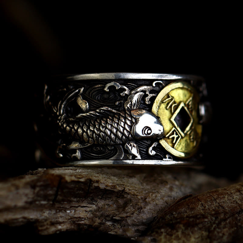 Koi Fisch Ring 925 Silber mit Kupfermünze Glück Wohlstand Fengshui