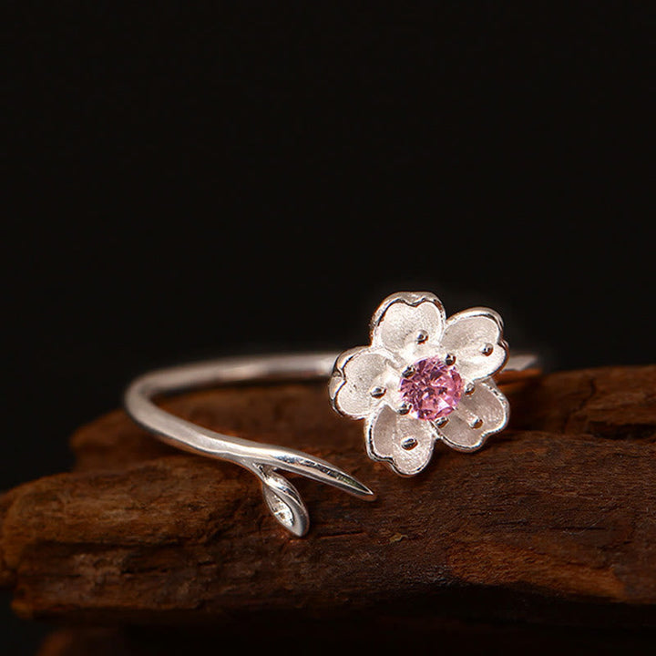 Ring 925 Silber Sakura-Blüte mit rosa Stein Glück Schutz