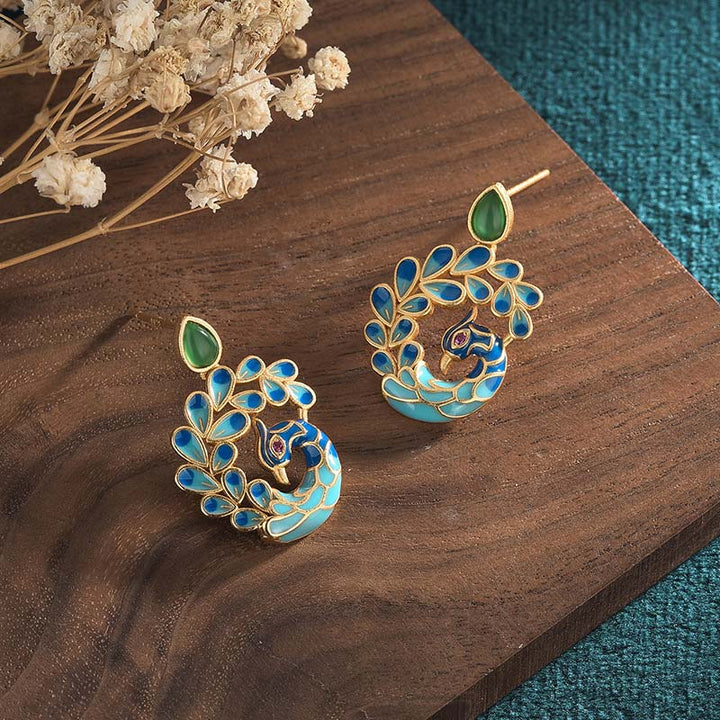 Ohrringe Grüner Achat Pfau Emaille blau gold Boho Schmuck spirituell
