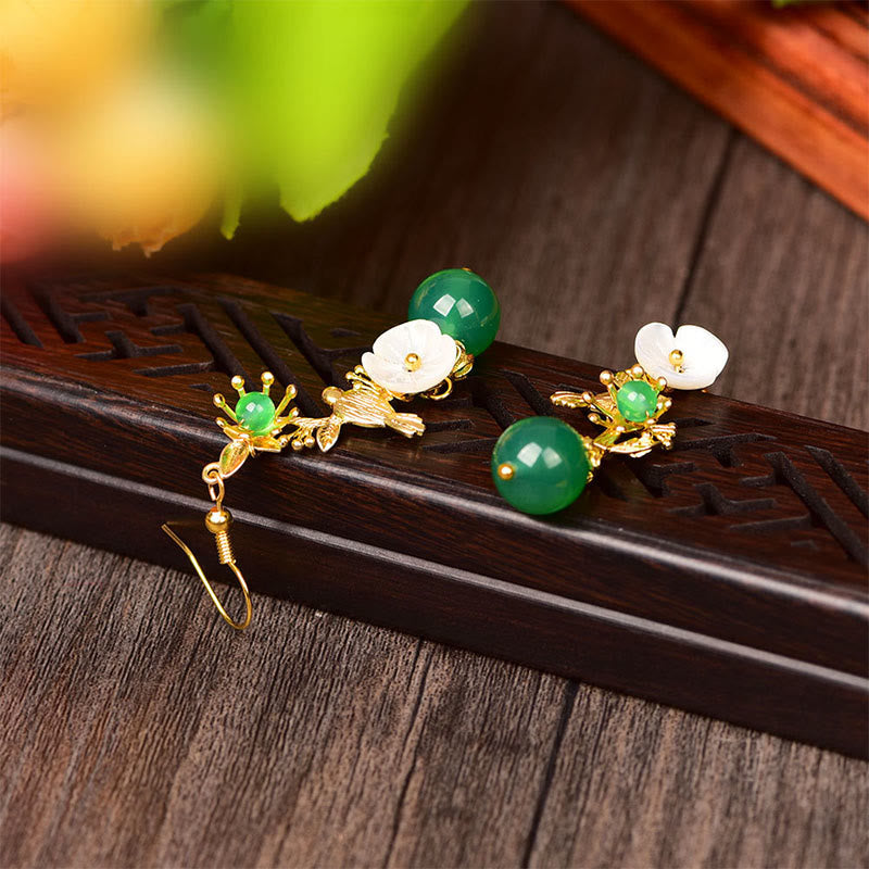 Ohrringe Grüner Achat Blume und Vogel Boho Schmuck spirituell Ohrhänger