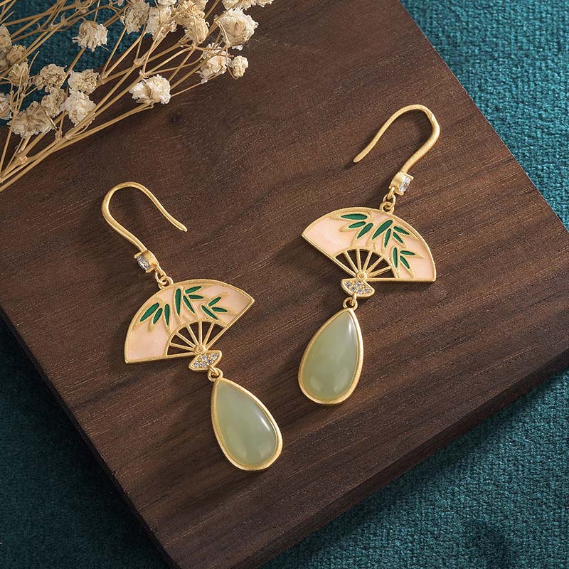 Ohrringe Aventurin Fächer Glück goldene Bambus Jade Tropfen Boho Schmuck