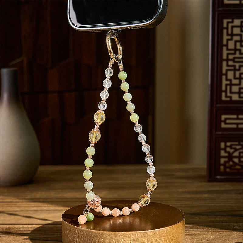 Schlüsselanhänger Jade & Bergkristall Perlen Handyanhänger spiritueller Glücksbringer Feng Shui