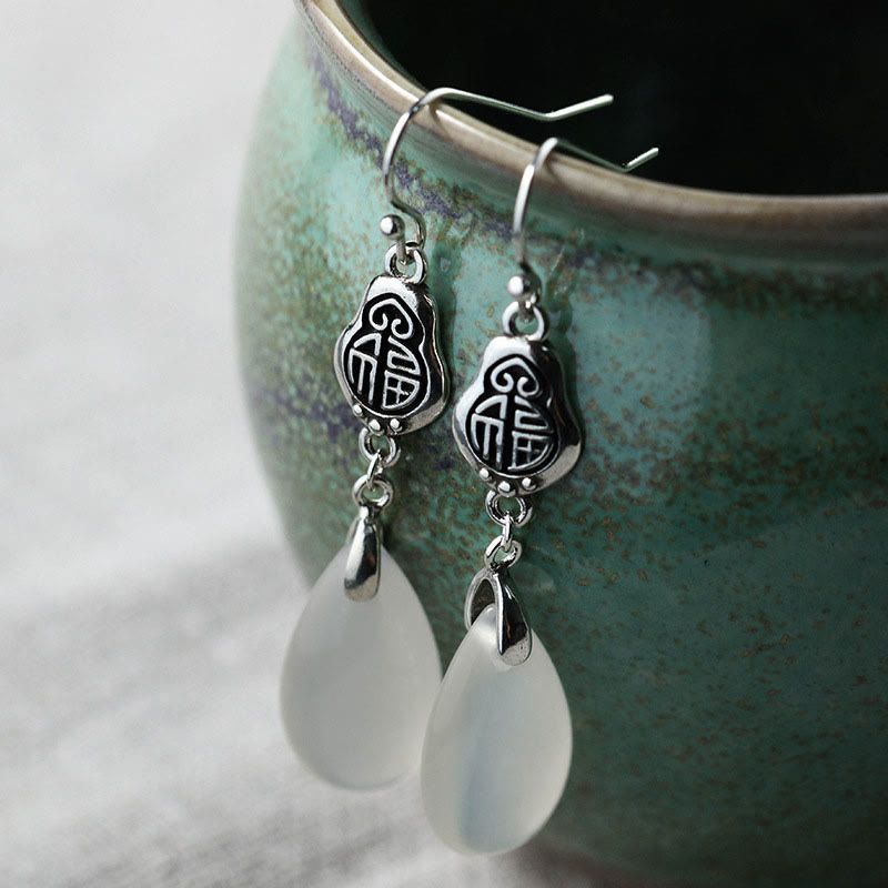 Chalcedon Ohrringe Silber Fu Symbol Tropfen Boho Schmuck spirituell Ohrhänger