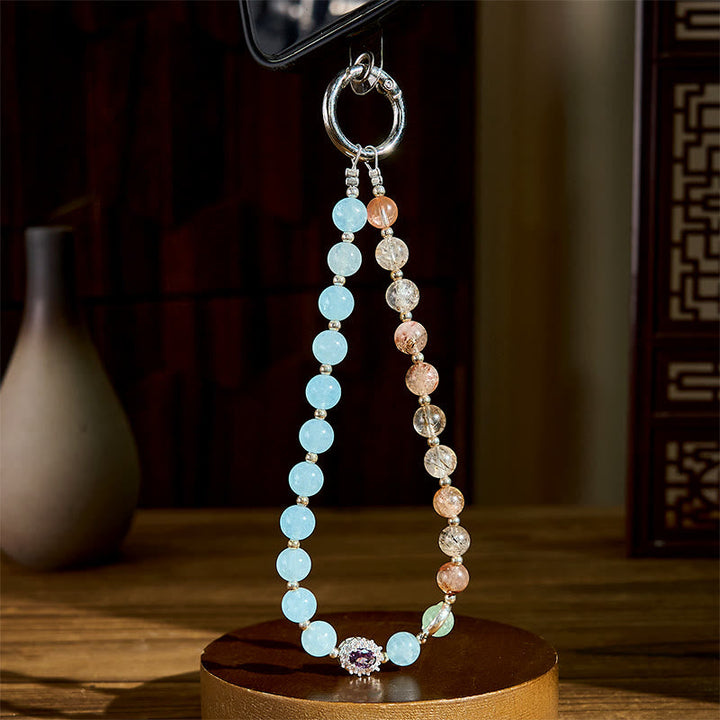 Schlüsselanhänger Blauer Chalcedon & Super Seven Perlen Handy Anhänger spirituell