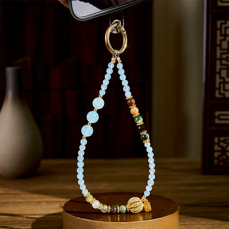 Schlüsselanhänger Fu Chalcedon Emotionale Balance hellblaue Perlen Glücksbringer spirituell