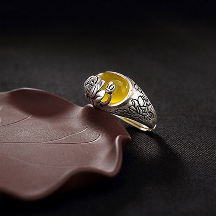 Citrin Ring Lotus Segen Schutz silberner Ornament Fassung Schmuck