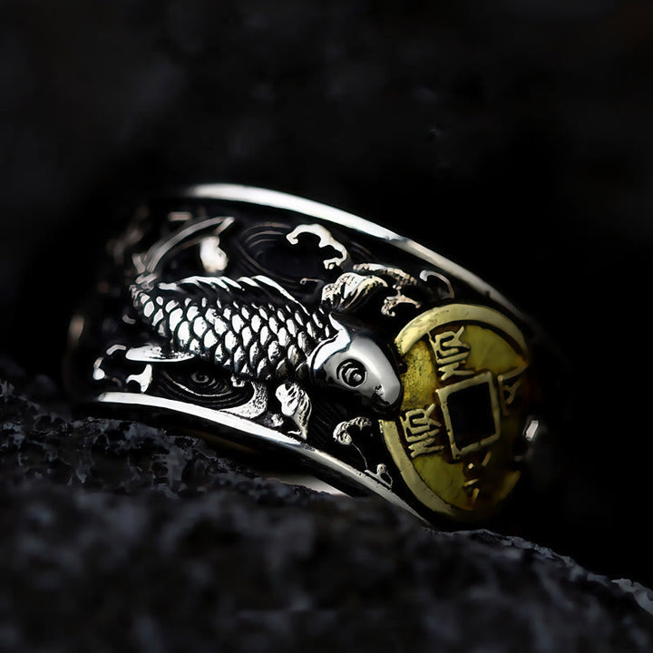 Ring 925 Silber Koi Fisch Kupfermünze Glück Wohlstand Fengshui