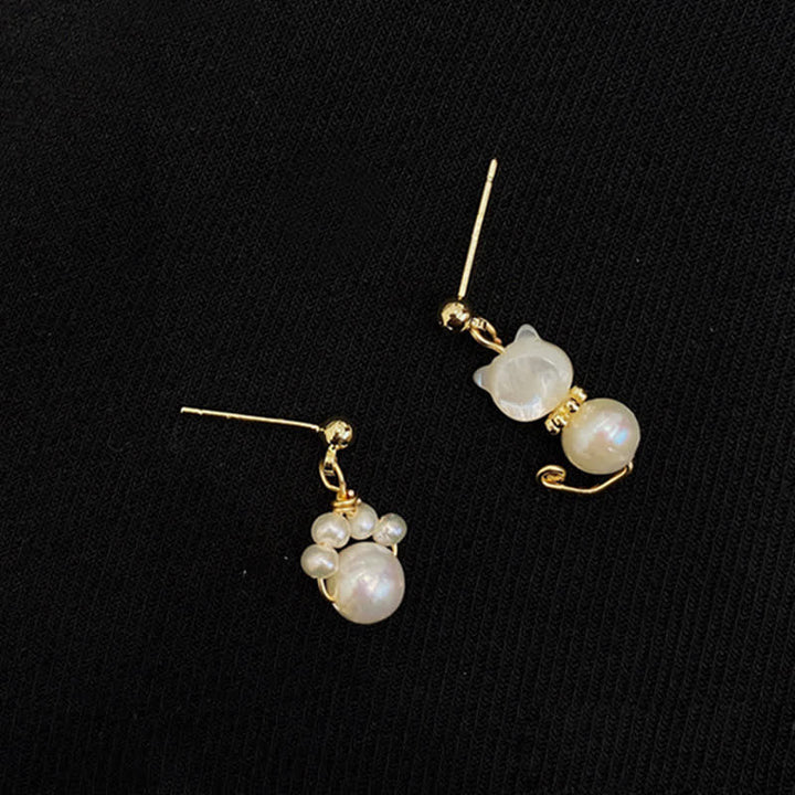 Ohrringe Perle Katzenpfote Gold zarte Boho Schmuck spirituell Ohrhänger Katze