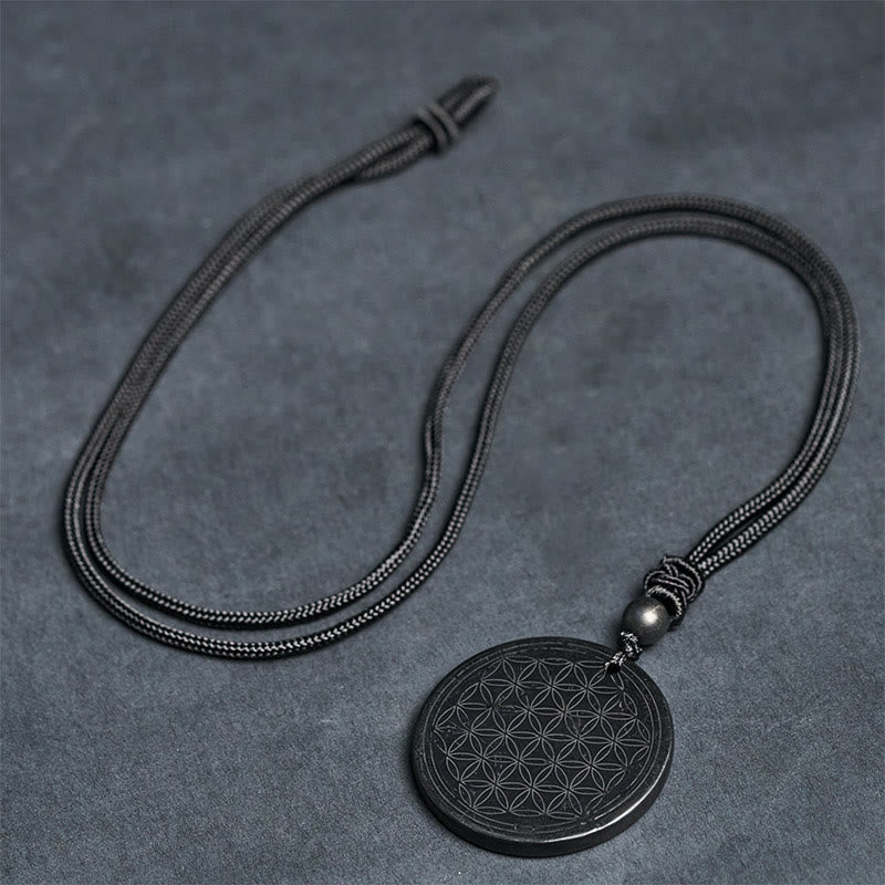 Shungit Kette mit Blume des Lebens Anhänger Schutz Naturstein