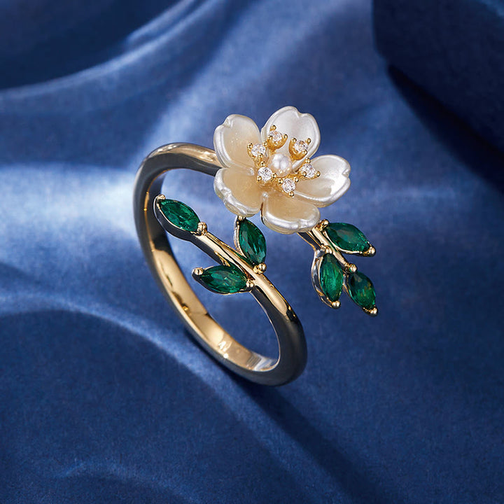 Ring Perle Zirkonia Blume grüne Steine Glück Wohlstand Schmuck