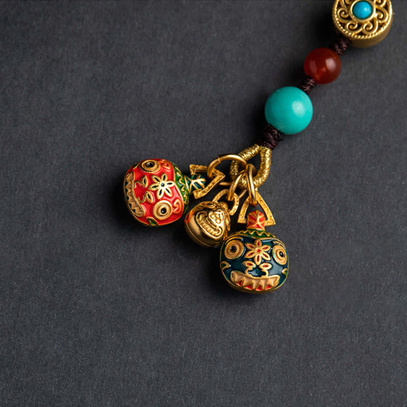 Goldschluckbestie Schlüsselanhänger Cloisonné Emaille Türkis Achat Feng Shui Glücksbringer Wohlstand