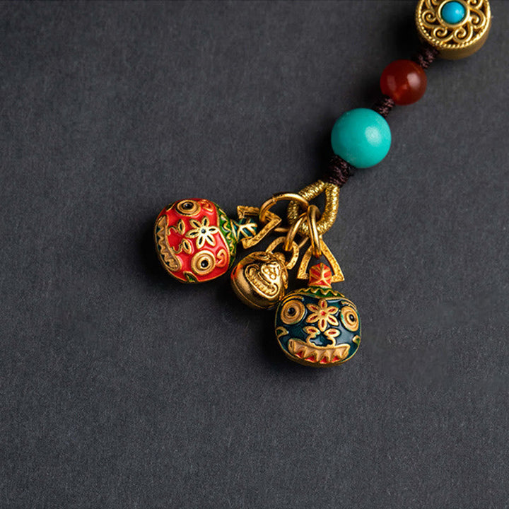 Goldschluckbestie Schlüsselanhänger Cloisonné Emaille Türkis Achat Feng Shui Glücksbringer Wohlstand
