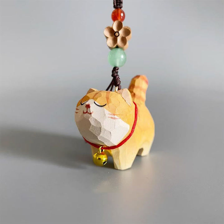 Schlüsselanhänger Katze Lindenholz handgeschnitzt Glöckchen Schutz Reinheit Glücksbringer spirituell