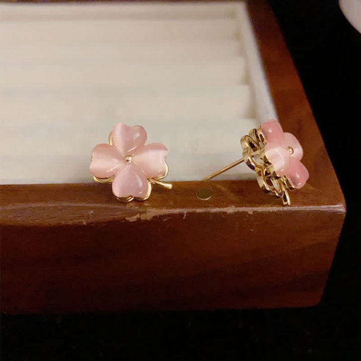 Rosa Ohrringe Katzenauge Kleeblatt Gold Boho Schmuck spirituell Ohrstecker