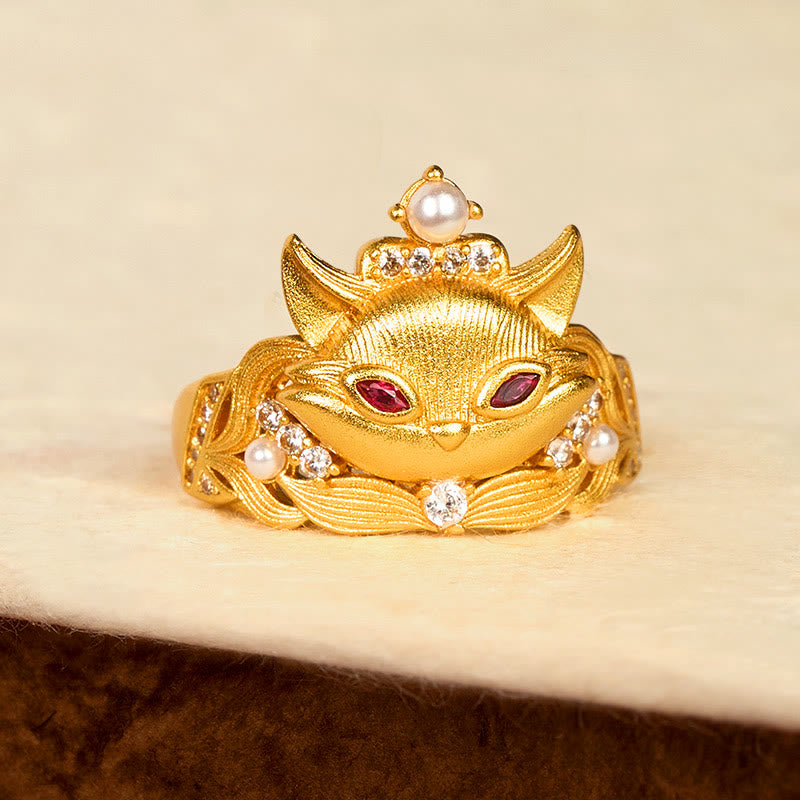 Ring Vergoldetes Messing Fuchskopf Perlen Strass Feng Shui Glück