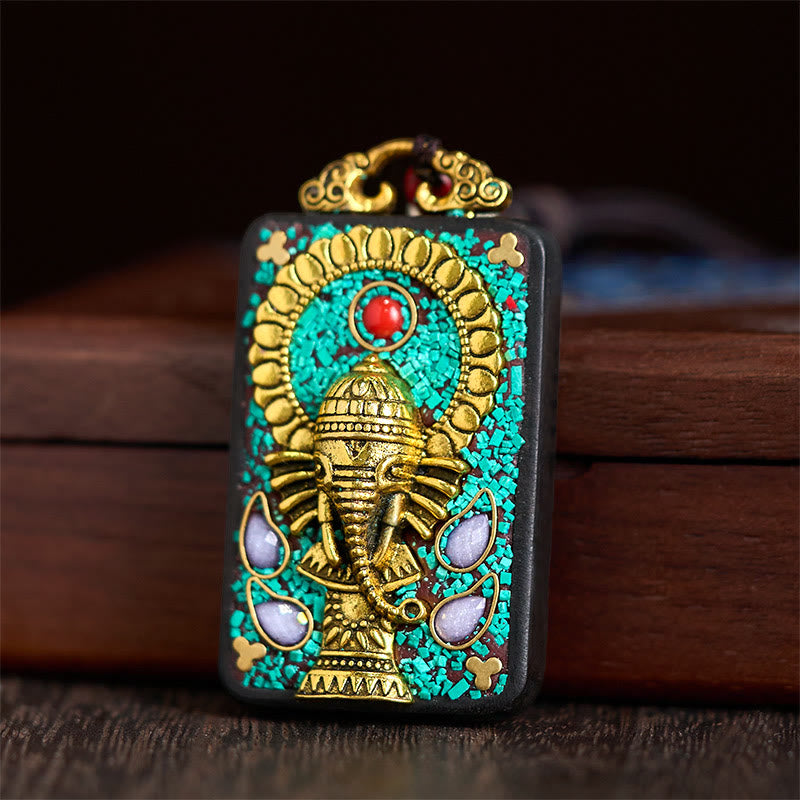 Schwarze Tibetische Kette Ebenholz Ganesha Anhänger mit Türkis und Gold