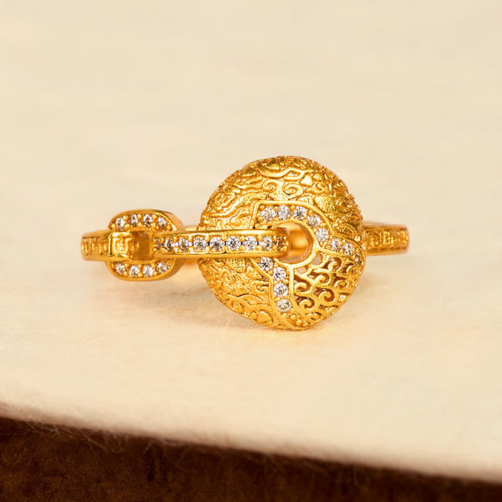 Pixiu Ring Vergoldetes Messing mit Kristallen Fengshui Glück Reichtum