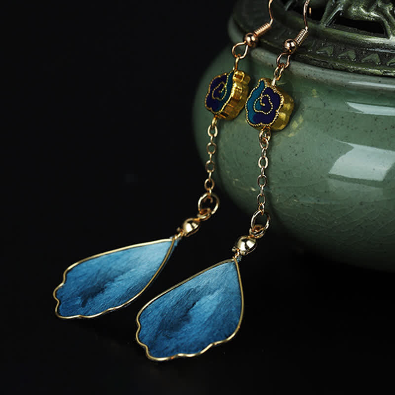 Ohrringe Seide Blütenblatt blau Glück Segen Boho Schmuck spirituell Ohrhänger