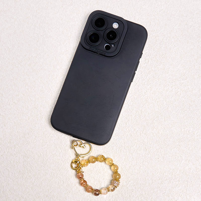 Schlüsselanhänger Rutilquarz Glück Handy Charm goldene Perlen Herz spirituell
