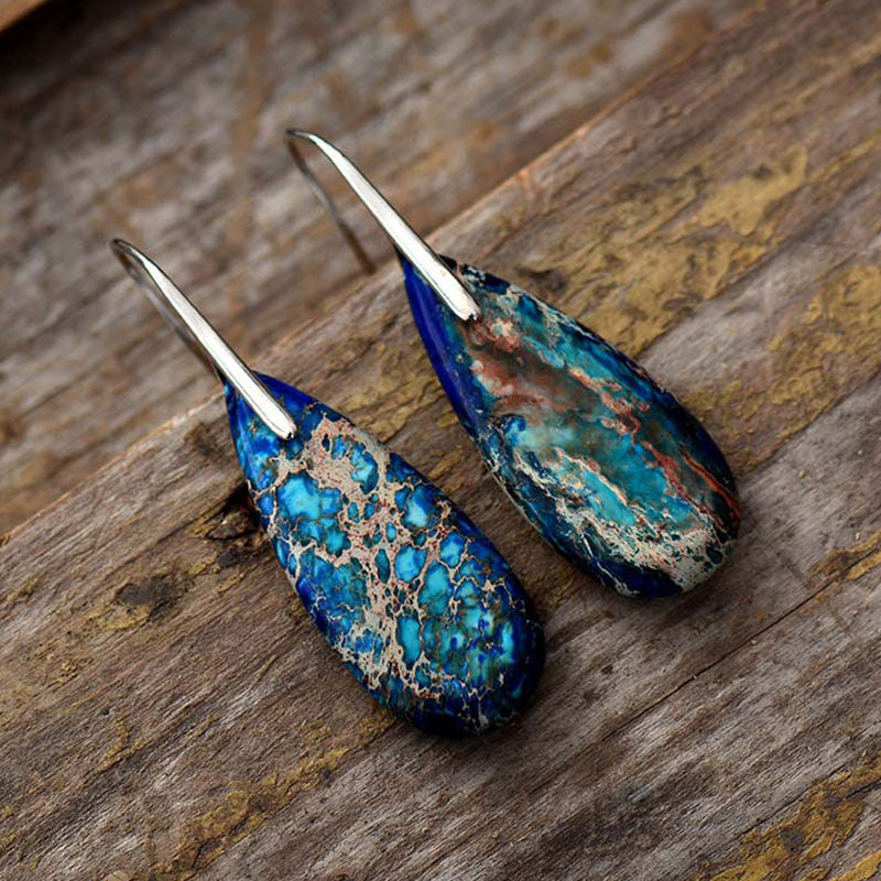 Blaue Kaiserstein Ohrringe tropfenförmig Silber Boho Schmuck spirituell Ohrhänger Naturstein