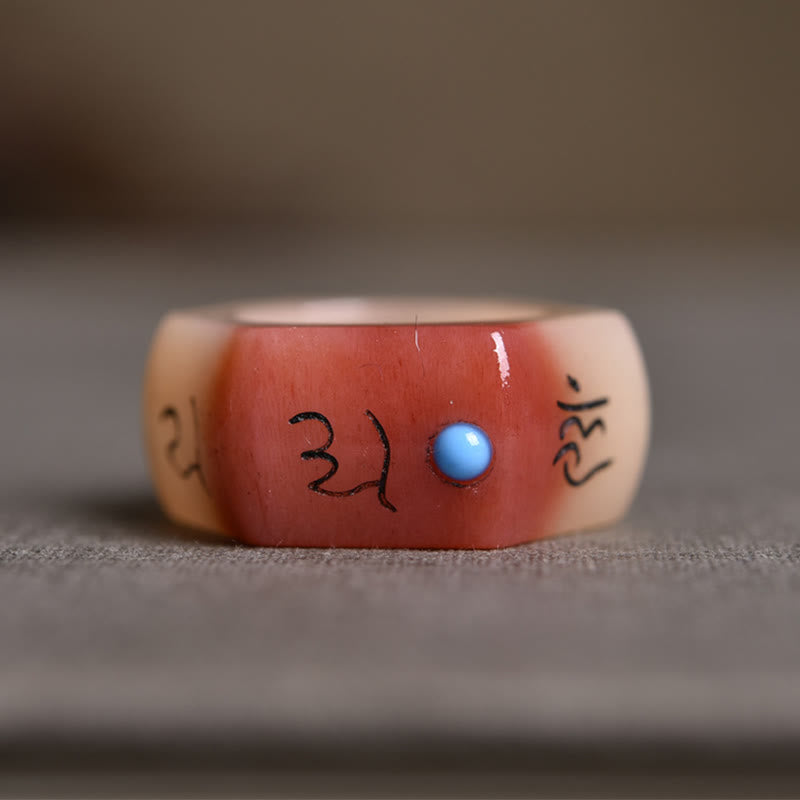 Kamelknochen Ring mit blauem Stein Om Symbol Schutz