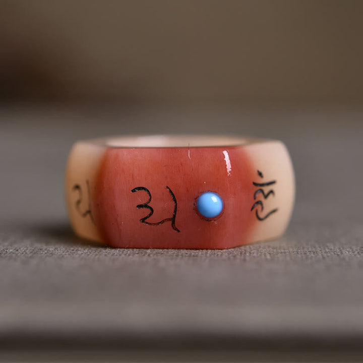 Kamelknochen Ring mit blauem Stein Om Symbol Schutz