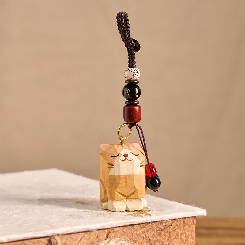 Schlüsselanhänger Om Mani Padme Hum Katze Holz handgeschnitzt spirituell Glücksbringer