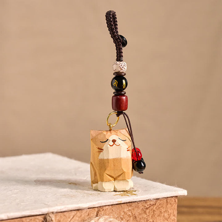 Schlüsselanhänger Om Mani Padme Hum Katze Holz handgeschnitzt spirituell Glücksbringer