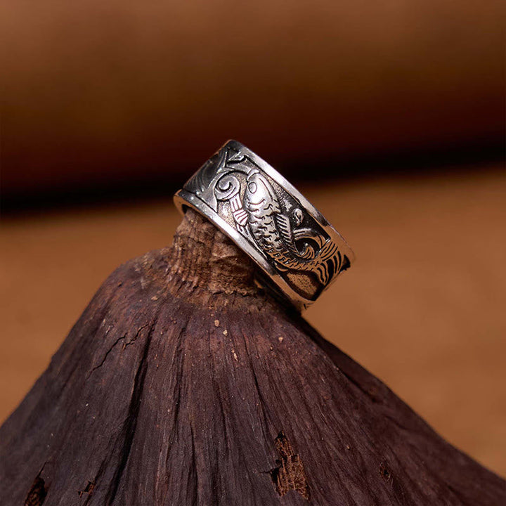 Silber Koi Fisch Ring Herzsutra Glück Wohlstand Fengshui Schutz