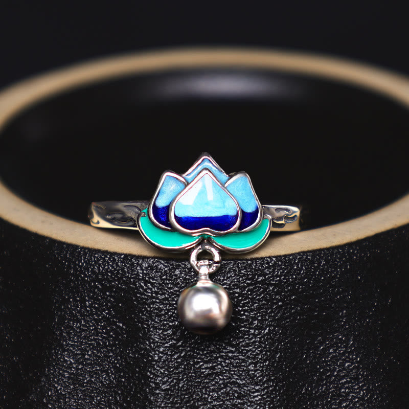 Silber Lotus Ring mit Blauer Emaille Perle eleganter Fingerring