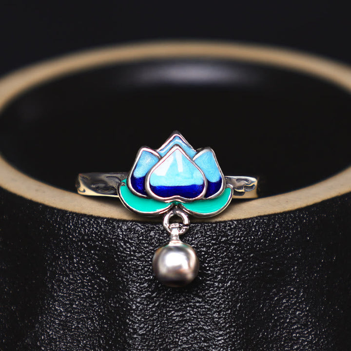 Silber Lotus Ring mit Blauer Emaille Perle eleganter Fingerring