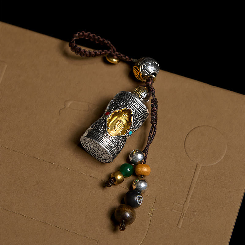 Schlüsselanhänger Om Mani Padme Hum Ghau Glück Buddha Silber spirituell