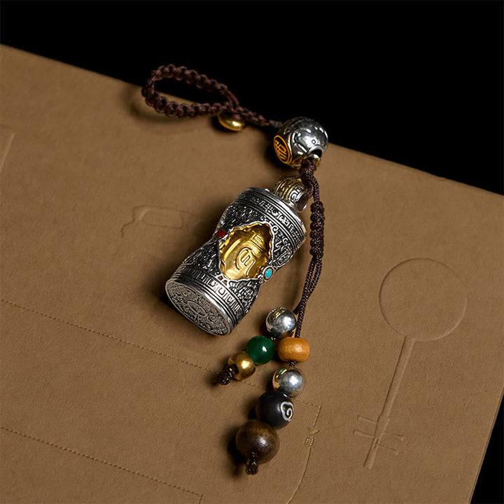 Schlüsselanhänger Om Mani Padme Hum Ghau Glück Buddha Silber spirituell