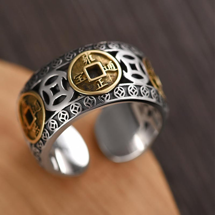 Ring Fünf Kaisermünzen – Balance Silberfiligran Fengshui Schutz