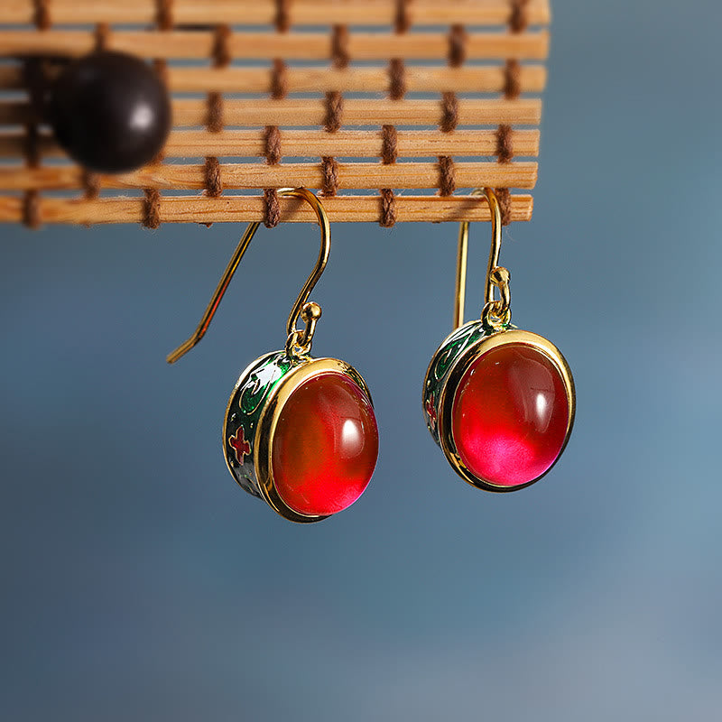 Ohrringe Roter Korund Gold Cloisonné Emaille Boho Schmuck spirituell Ohrhänger