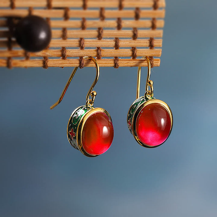 Ohrringe Roter Korund Gold Cloisonné Emaille Boho Schmuck spirituell Ohrhänger