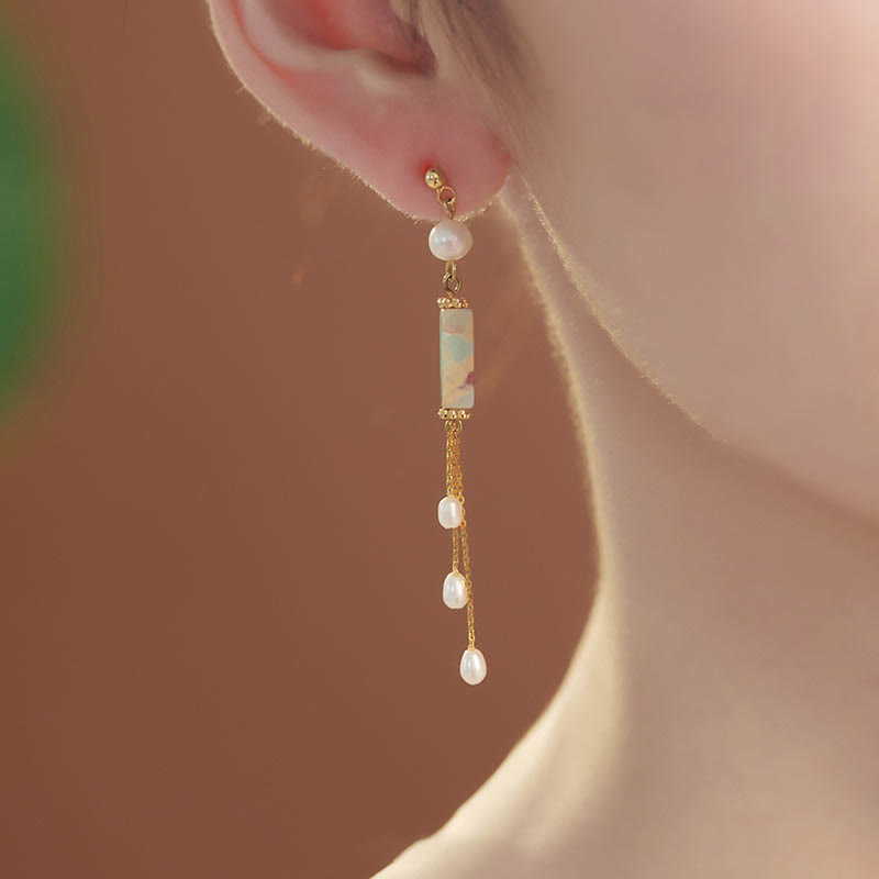 Ohrringe Shoushan-Stein Perle getragen Gold Boho Schmuck spirituell Ohrhänger