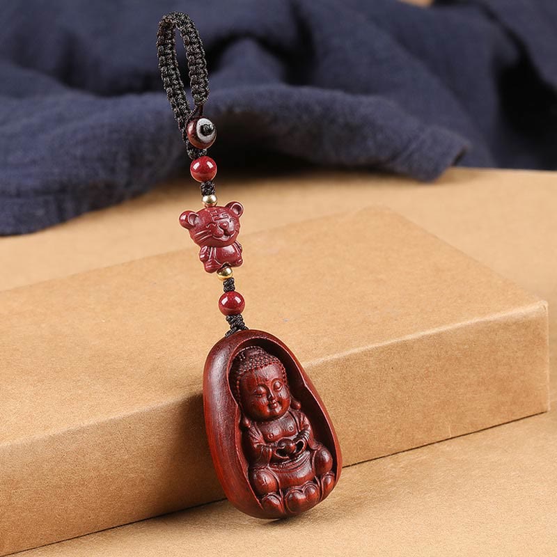 Schlüsselanhänger Buddha Sandelholz Tierkreis Tiger geschnitzt spirituell Glücksbringer