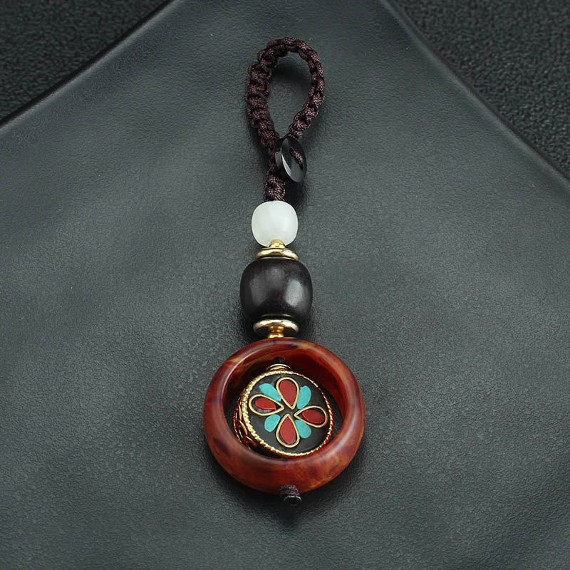 Schlüsselanhänger Ebenholz Kleeblatt Buddha-Auge handgefertigt spirituell Glücksbringer Amulett