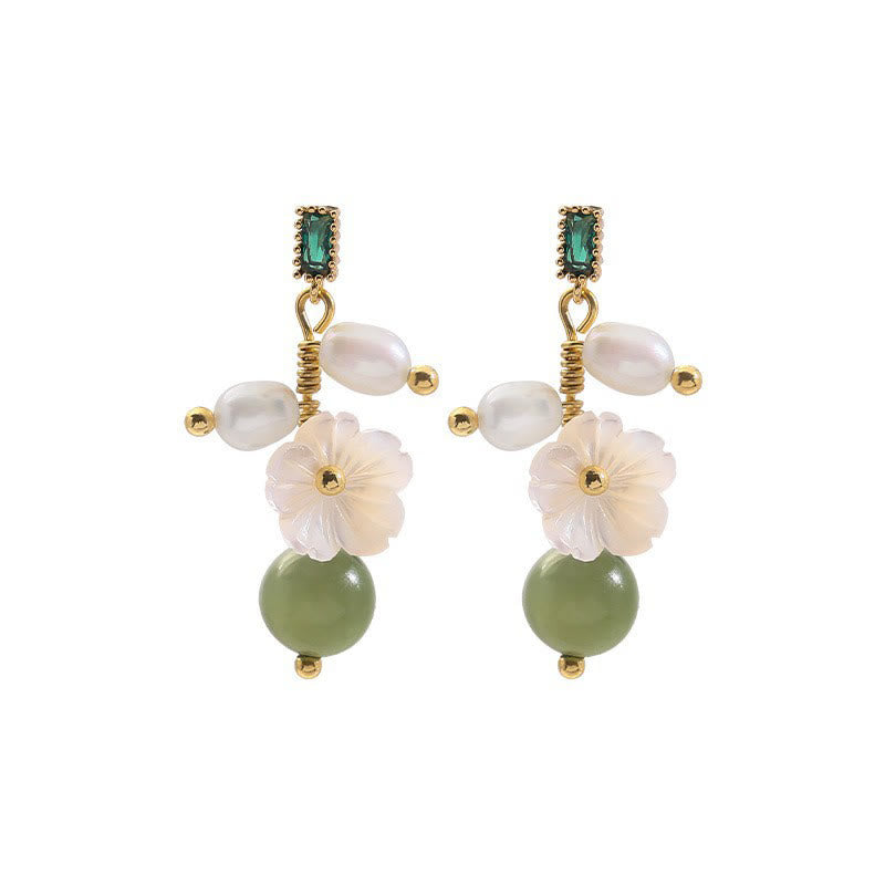 Ohrringe Hetian Jade Perle Blume Gold Boho Schmuck spirituell Ohrhänger