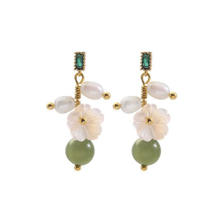 Ohrringe Hetian Jade Perle Blume Gold Boho Schmuck spirituell Ohrhänger