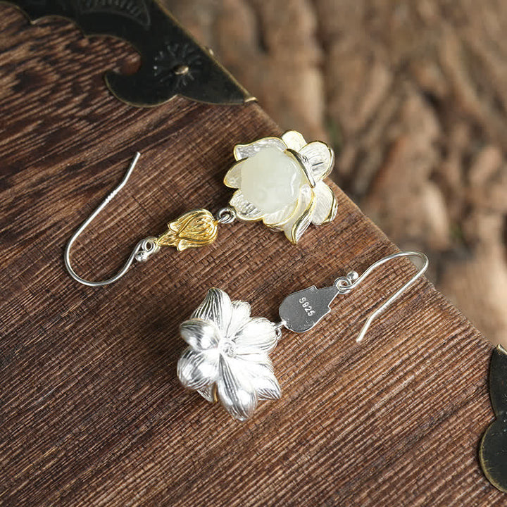 Ohrringe Weißer Jade Tropfen Lotus Silber Boho Schmuck spirituell Ohrhänger