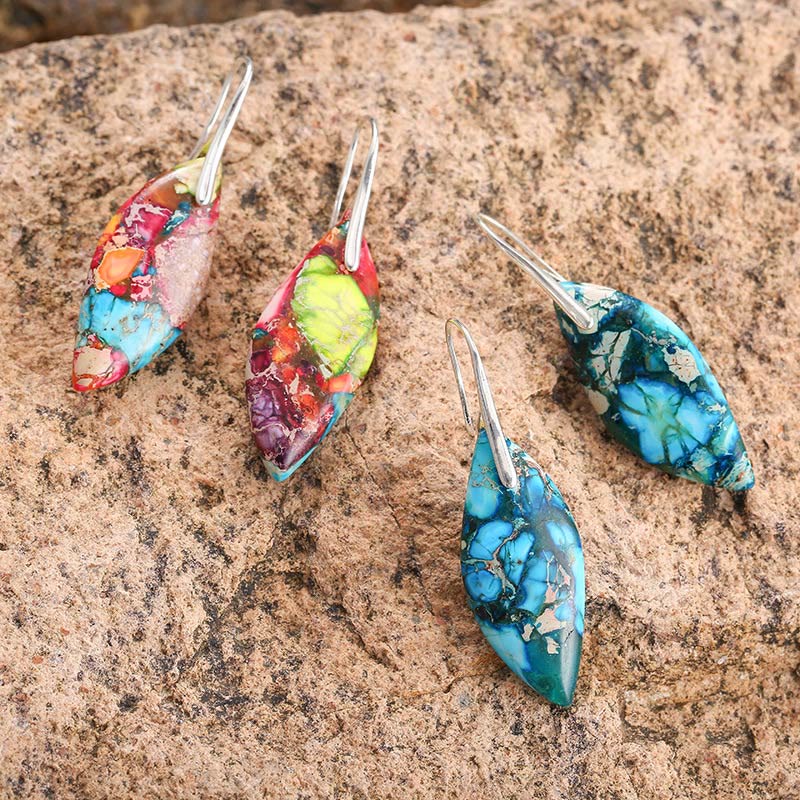 Ohrringe Kaiserstein Blatt Tropfen bunt blau Boho Schmuck spirituell