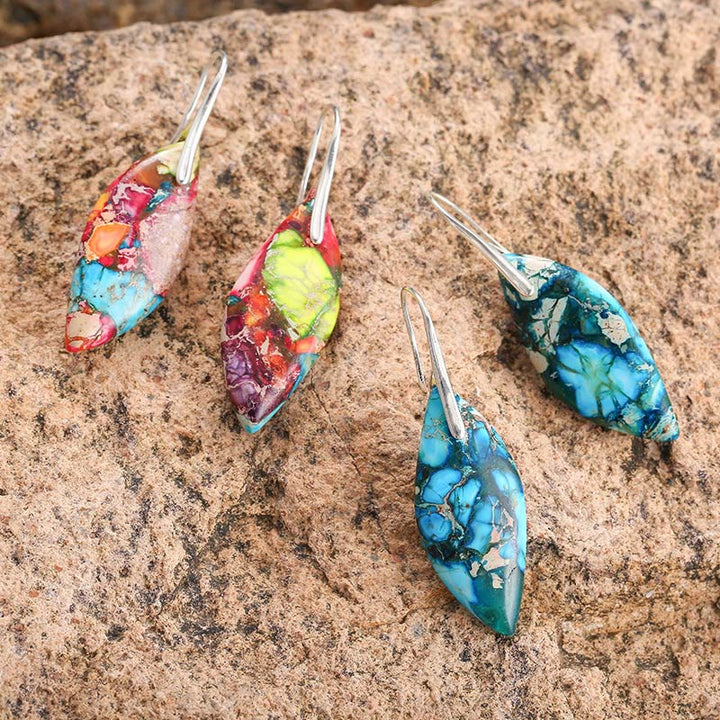 Ohrringe Kaiserstein Blatt Tropfen bunt blau Boho Schmuck spirituell