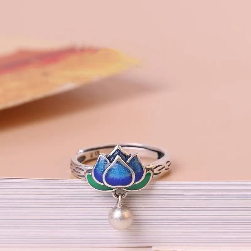 Ring Lotus mit blauer Blüte und Perle silberner Boho Schmuck